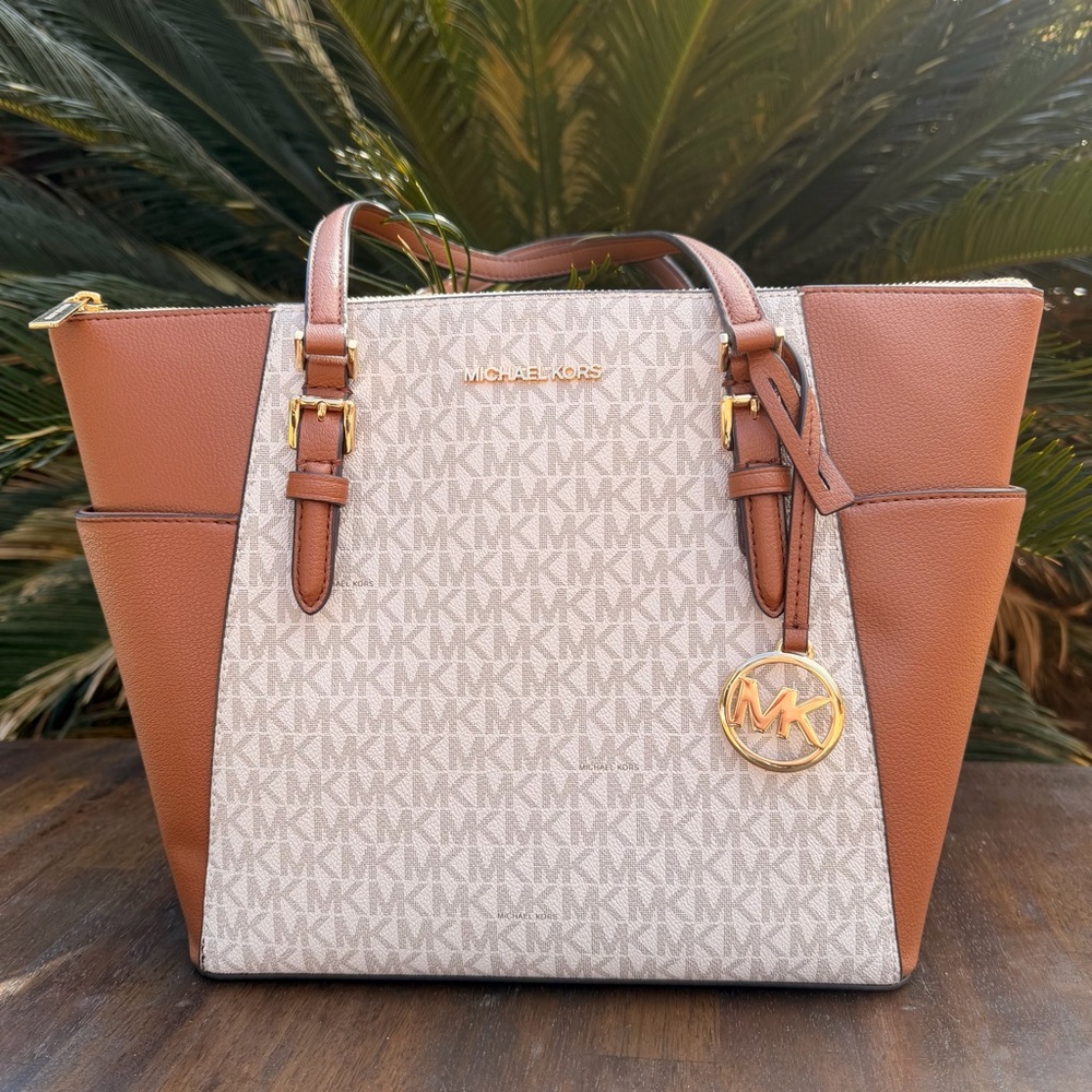 Michael Kors Charlotte Large Logo and Leather Top Zip Tote Bag Vanilla MK logo